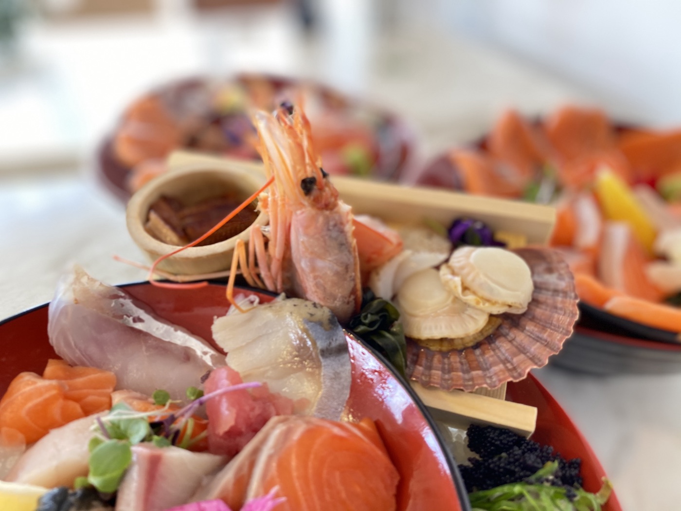 Colourful sashimi platter prepared with seasonal seafood
